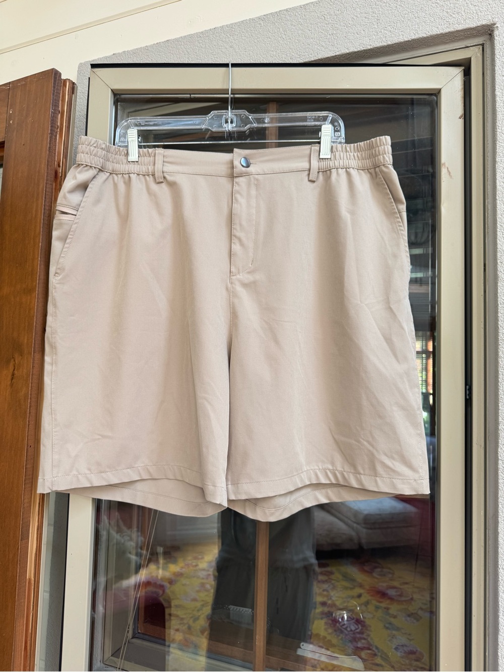 Men's Beige Flat-Front Shorts with Elastic Waist